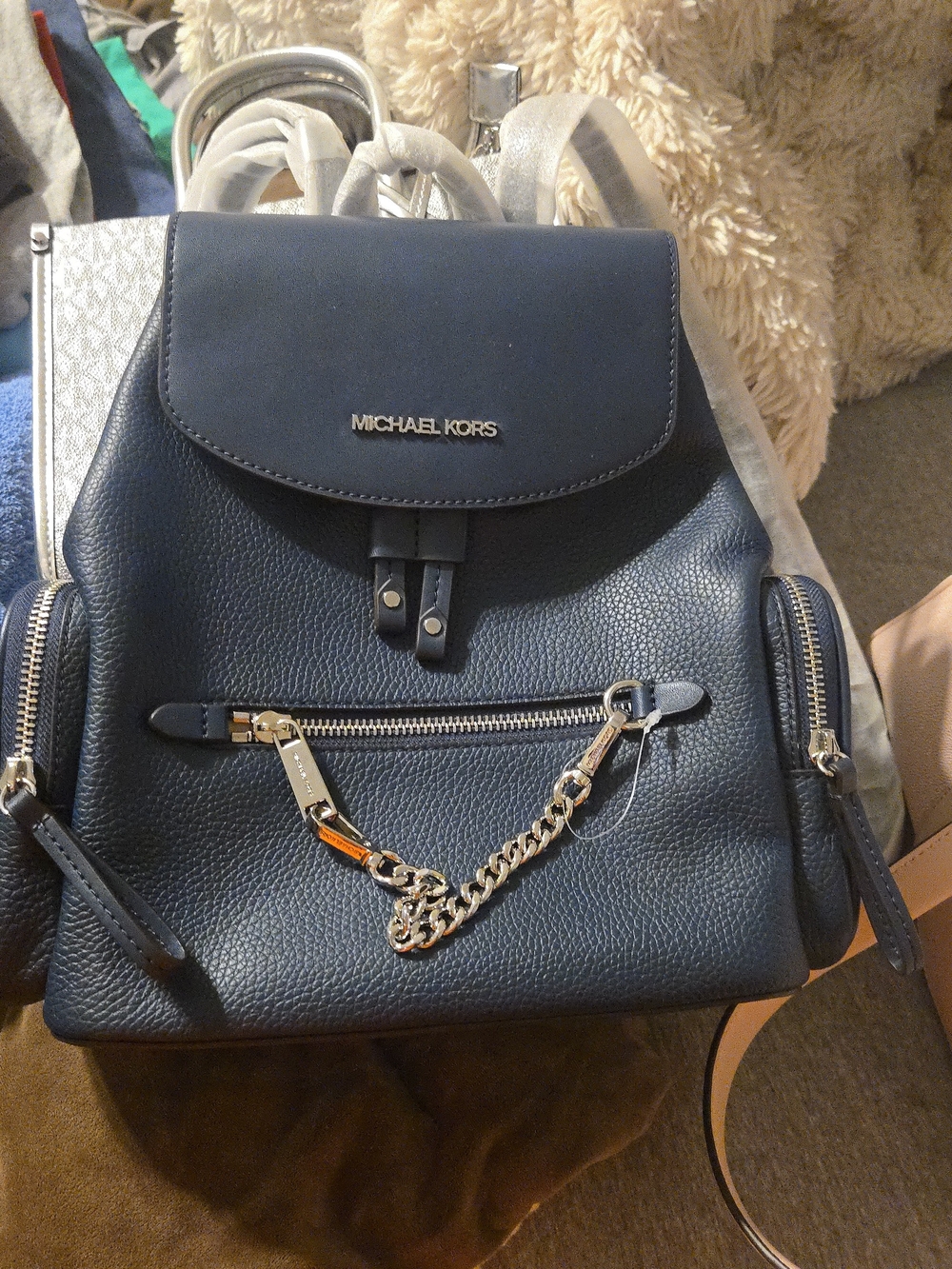 Michael Kors Navy Pebbled Leather Backpack with Gold Chain Detail